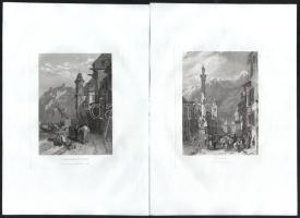 cca 1850 Európai városrészletek és panorámák, össz. 15 db: Königsberg (Kaliningrad), Innsbruck, Bingen, Delphi, Padua, Brüsszel, Antwerpen, Ravenna, stb. Acélmetszet, papír, részben jelzett a metszeten. 13x8 cm körüli méretekben.