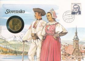 Szlovákia 1993. 10K Cu-Al-Ni felbélyegzett borítékban, bélyegzéssel, német nyelvű leírással T:UNC kis patina  Slovakia 1993. 10 Korun Cu-Al-Ni in envelope with stamp, cancellation and a prospectus in german C:UNC small patina