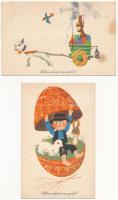 12 db MODERN magyar retro grafikai húsvéti üdvözlő képeslap vegyes minőségben. Képzőművészeti Alap / 12 modern Hungarian retro graphic postcards in mixed qualit: Easter greetings