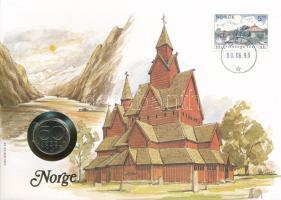 Norvégia 1987. 50ö Cu-Ni felbélyegzett érmés borítékban, bélyegzéssel T:AU Norway 1987. 50 Öre Cu-Ni in coin envelope with stamp, cancellation C:AU