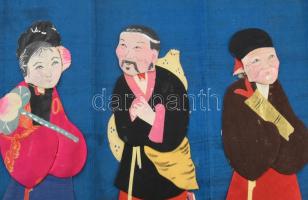 2 db távol-keleti paravánszerű dísztárgy, alakokkal kollázs szerűen díszített, belülről kartonnal me...