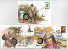 5db-os érmés boríték tétel, mind különféle és német nyelvű tájékoztatóval, benne: Haiti, Mozambik, Tadzsikisztán, Costa Rica, Sao Tomé és Principe T:UNC patina