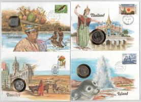 4db-os érmés boríték tétel, mind különféle és német nyelvű tájékoztatóval, benne: Transkei, Suriname, Izland, Thaiföld T:UNC