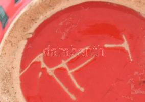 Piros, zöld háló mintás kerámia váza. Kézzel festett, jelzett, hibátlan 19 cm