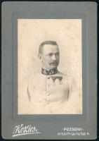 cca 1910 Katona kitüntetésekkel, kartonra kasírozott fotó Kozics pozsonyi műterméből, foltos, 9×6 cm