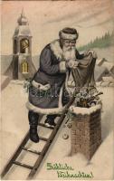 1911 Fröhliche Weihnachten! / Karácsonyi üdvözlet Mikulással a kéménynél / Christmas greeting, Saint Nicholas. P.F.B. Serie 387. a.