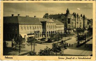 1944 Debrecen, Ferenc József út, Városháza, villamos, Kontsek Kornél, Tóth Gyula és cipős üzlet (fa)