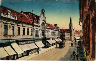 1917 Nagyvárad, Oradea; Rákóczi út, villamos, Barabás B. és Társa férfi szabók, Klein Géza és Ödön, Újhelyi Róza üzlete. Vasúti levelezőlapárusítás 31. sz. 1915. / street view, tram, shops (EK)