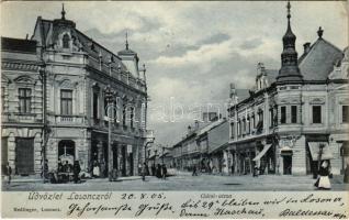 1905 Losonc, Lucenec; Gácsi utca, Fogel Mátyás és Hammermüller Ignác üzlete. Redlinger kiadása / street, shops (EK)