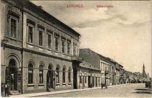 1916 Losonc, Lucenec; Rákóczi utca, Budapest szálloda, kávéház és étterem. Redlinger kiadása / street, hotel, restaurant and cafe