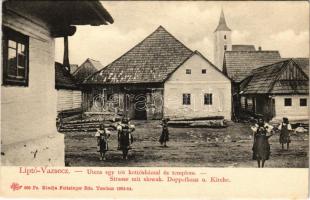 Vázsec, Liptóvázsec, Vágfalva, Vazec; Utca egy tót kettősházzal, templom. Feitzinger Ede 669. Ps. 1901-14. / Slovakian semi-detached house, church, street