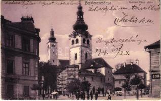 1906 Besztercebánya, Banská Bystrica; Bethlen Gábor utca, piac, Teich Adolf üzlete, felállványozott templom átépítés közben. Sonnenfeld Mór kiadása / street, market, shop, church under reconstruction (EK)