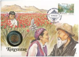 Kirgizisztán felbélyegzett borítékban, bélyegzéssel, német nyelvű tájékoztatóval, benne Oroszország 1992. 50R T:UNC Kyrgyzstan in envelope with stamp, cancellation and a prospectus in german, in it Russia 1992. 50 Rubles C:UNC