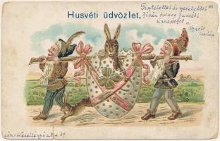 1907 Húsvéti üdvözlet / Easter greeting art postcard, rabbit with dwarves. Emb. litho (b)