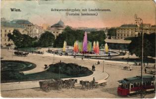 1907 Wien, Vienna, Bécs; Schwarzenbergplatz mit Leuchtbrunnen (Fontaine lumineuse) / square, tram, fountain (EM)