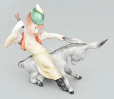 Herendi fiú szamáron, jelzéssel, szamár lába ragasztott, m: 11,5 cm