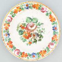 Apátfalva jelzett népi tányér, kézzel festett mázas cserép, kopott, d: 32,5 cm