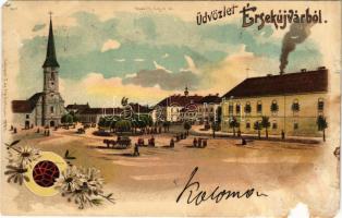 1899 (Vorläufer) Érsekújvár, Nové Zámky; Kossuth Lajos tér, templom. Conlegner J. és fia 10915. / square, church. Art Nouveau, floral, litho (b)