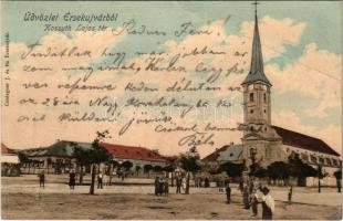 1903 Érsekújvár, Nové Zámky; Kossuth Lajos tér, templom, gyógyszertár / square, church, pharmacy (EB)