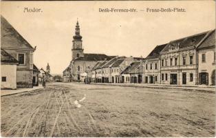 Modor, Modra; Deák Ferenc tér, templom, üzletek. Levius P.S. kiadása / square, church, shops (felszíni sérülés / surface damage)