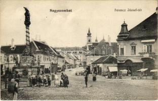 Nagyszombat, Tyrnau, Trnava; Ferenc József tér, Szentháromság szobor, piac, Tausky J. fiai utóda üzlete. Elbert testvérek kiadása / square, Holy Trinity statue, market, shops