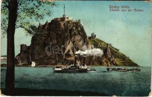 1912 Dévény, Theben a. d. Donau, Devín (Pozsony, Pressburg, Bratislava); Árpád szobor, emlékmű, vár, gőzhajó / Devínsky hrad / Millennium monument and castle ruins, steamship (EK)