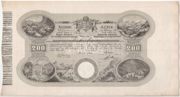 Pest 1869. Magyar általános kőszénbánya részvény-társulat részvénye 200Ft-ról szelvényekkel, szárazpecséttel T:AU