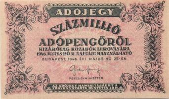 1946. 100.000.000AP vékony sárgás papíron, vágáshibás! T:I