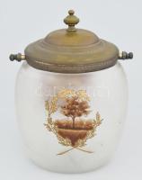 cca 1900 Francia üveg keksz tartó, kézzel festett savmaratott üveg, díszes fém szerelékkel, jelzett,...