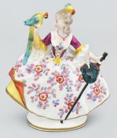 Rudolstadt német lány papagájjal, kézzel festett, ragasztott, jelzéssel, m: 14 cm