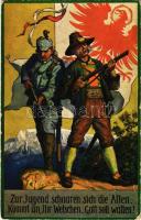 1915 Zur Jugend schaaren sich die Alten. Kommt an, Ihr Welschen. Gott soll walten! / WWI Austro-Hungarian K.u.K. military art postcard, patriotic propaganda (Rb)