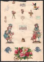cca 1890-1900 57 db litho matrica 4 lapra ragasztva, angyal, állat, gyerek, virág, stb