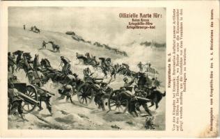 Kriegsbildkarte Nr. 5. Von den Kämpfen bei Krasnik: Bravouröse Auffahrt unserer Artillerie auf den Höhen bei Ziemnianka, wo Bretter unter die Kanonenräder gelegt werden mußten, um die Geschütze vor dem Versinken in den Sandlagern zu bewahren. Kriegshilfsbüro / WWI Austro-Hungarian K.u.K. military art postcard. From the fights near Krasnik: brilliant driveway of our artillery on the heights of Ziemnianka, where boards had to be placed under the cannon wheels to keep the guns from sinking in the sand s: M. Ledeli (EK)