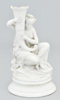 Antik porcelán figurális gyertyatartó, mázas és biszkvit porcelán, jelzéssel, sérült, m: 21,5 cm