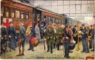 Ankunft eines Verwundetentransportes in Wien. Offizielle Karte für Rotes Kreuz, Kreigsfürsorgeamt, Kriegshilfsbüro Nr. 291. / WWI Austro-Hungarian K.u.K. military art postcard, hospital train arriving at the railway station in Vienna, injured soldiers, Red Cross nurses, medics, sanitary dog s: F. Witt (ragasztónyom / glue marks)