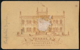 cca 1870 Veress Ferenc Kolozsvár vizitkártya Pataki Gyula, hátul kissé sérült
