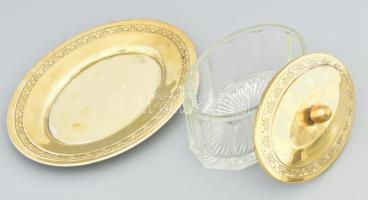 Üveg vajtartó, fém tálcával és fedővel, jelzés nélkül, kis kopással, h: 25 cm, m: 12 cm