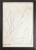 Kozma István (1937-2020): Női alak, 1999. Filctoll, papír, jelzett, Kozma István autográf dedikációjával, kissé foltos, üvegezett keretben. 55×39 cm.