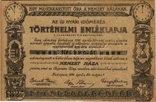 1916 Egy megtakarított óra a Nemzet Házának. Az új nyári időmérés történelmi emléklapja a világháború 2. esztendejéből / WWI Austro-Hungarian K.u.K. military, wartime charity card, numbered (non PC) (vágott / cut)