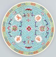 6 darab kínai tányér, kézzel festett, nyomott mintás, jelzéssel, kopással, d: 23 cm