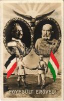 Egyesült erővel! / WWI German and Austro-Hungarian K.u.K. military art postcard, Viribus Unitis propaganda with Wilhelm II, Franz Joseph I of Austria, soldiers and flags (EB)