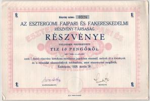 Esztergom 1926. Az Esztergomi Faipari És Fakereskedelmi Részvény-Társaság részvénye 10P-ről, szárazpecséttel és szelvényekkel T:XF