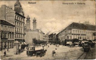 1915 Budapest V. Károly körút, Dohány utcai zsinagóga, villamosok, Dreher Antal sörfőzdéjének városi főraktára, Schlinger Ferenc első budapesti szűcs és szőrme áru raktára, sörcsarnok, Szikla D. fogorvos, Frank és Steiner, Kohn Mór és fiai és Spieler M. üzlete, Vörös Bak vendéglő. M.T. és F.I. Koch Willy kiadása (EB)