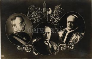 1929 February 11 / XI Febbraio MCMXXIX. Patti Lateranensi / Lateráni egyezmény: XI. Piusz pápa, Mussolini, III. Viktor Emánuel olasz király / Lateran Treaty: Pope Pius XI, Mussolini, Victor Emmanuel III of Italy. Ballerini & Fratini 125. Art Nouveau (ragasztónyom / glue marks)