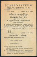 1916 Cholnoky Jenő: A nagybritánniai világbirodalom c, előadásának belépőjegye, Szabad Lyceum, a perforáció mentén szakadással.