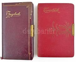 2 db régi, szecessziós vászonkötésű napló (Tagebuch), aranyozott lapélekkel, lezárt állapotban, kulcs nélkül. Az egyik gerincén kis sérüléssel.