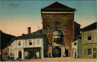 Körmöcbánya, Kremnitz, Kremnica; Városkapu tér, F. Tandlich üzlete / city gate, square, shops