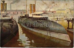 Französische Küstenpanzerboote bei Cherbourg 1907. Marine Galerie Karte Nr. 215. / Francia haditengerészet tengeralattjárója / French Navy submarine (fl)