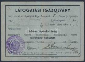 1937 Látogatási igazolvány lakóházi légoltalmi őrség tanfolyam elvégzésről