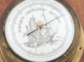 Eble rézházas barométer és óra fa lapon, kis sérüléssel, hiánnyal, 39x20 cm